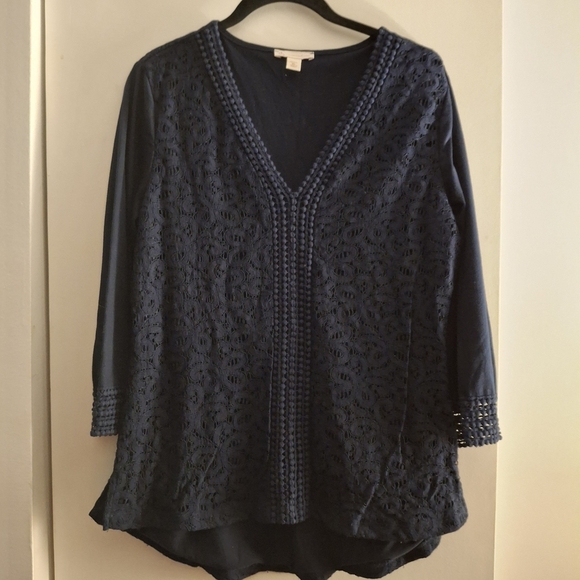 DB Established 1962 Women's Dark Blue Lace Embellished 3/4 Sleeve Tunic - Picture 1 of 6